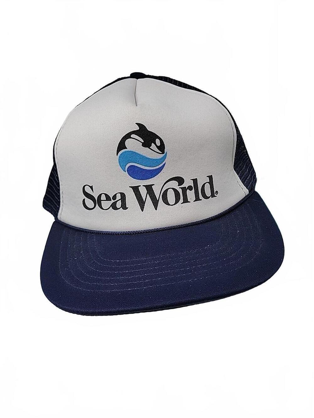 Vintage 1988 Sea World Snapback Trucker Hat Cap Mesh Printed Logo Orca Blue